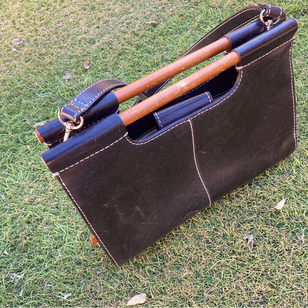 Vintage Fossil Leather Handbag purse bag with wooden handle
